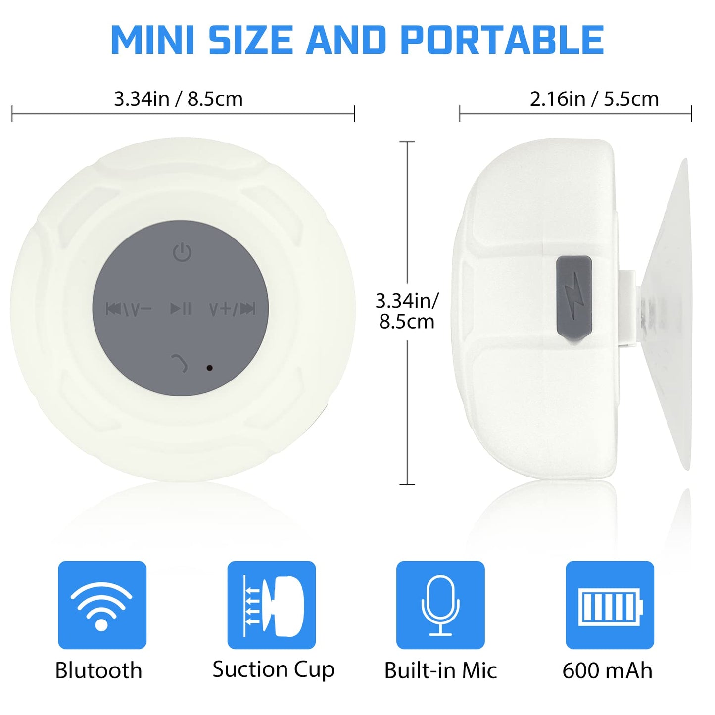 Annlend Waterproof Bluetooth Shower Speaker Portable Wireless Water-Resistant Speaker Suction Cup,Built-in Mic Gifts for Kids Speakerphone for iPhone Phone Tablet Bathroom Kitchen - White