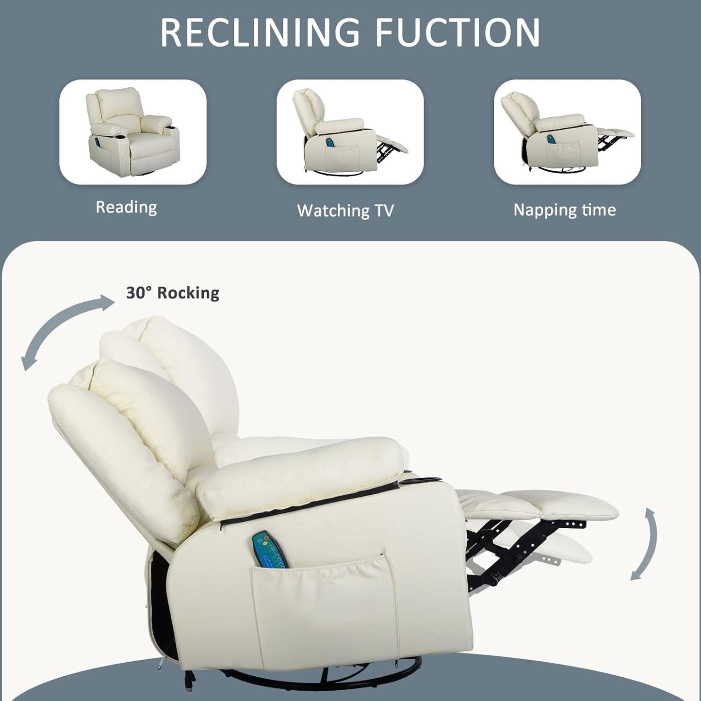 KCREAM White Recliner Rocker Chairs with Heat,Massage Chair Recliner Oversized Leather Swivel Recliners for Living Room, Manual Reclining Lounge Chairs Overstuffed Single Sofa Chair for Adults