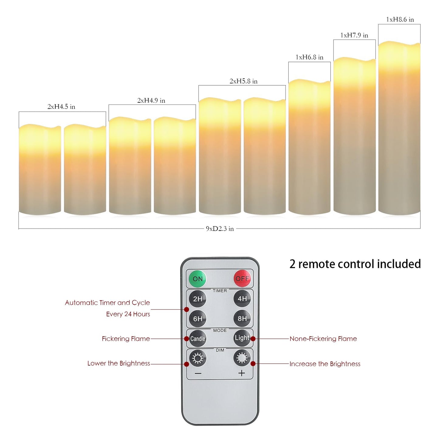 Unieasy Flameless Candles Battery Operated LED Candles with Timer and Remote, Pack of 9 Real Wax Pillar Candles Flickering Candle for Home & Holiday Romantic Decor,(H4.5"4.9"5.8"6.8"7.9"8.6" x D2.3")