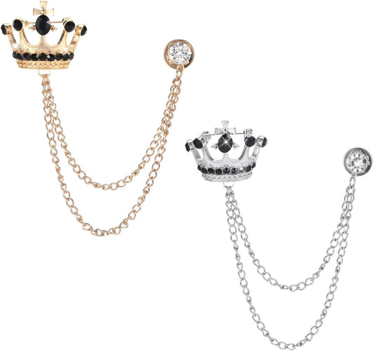 2PCS Lapel Pin for Men Suits,Crystal Crown Hanging Chain Brooch Suit Pin Suit Accessories Gold Crown Brooch,British Style Vintage Metal Crystal Rhinestone Brooch,Lapel Pin Accessories for Men Women