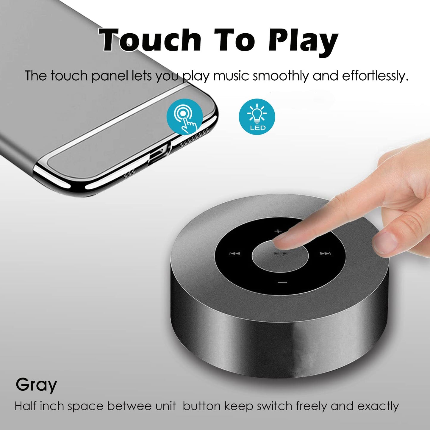 LED Smart Touch Play Bluetooth Speaker/Portable Wireless Speakers with HD Sound / 12-Hour Playtime/Bluetooth 5.0 / TF Card Support Play/Aux in Port Speaker (Gray)