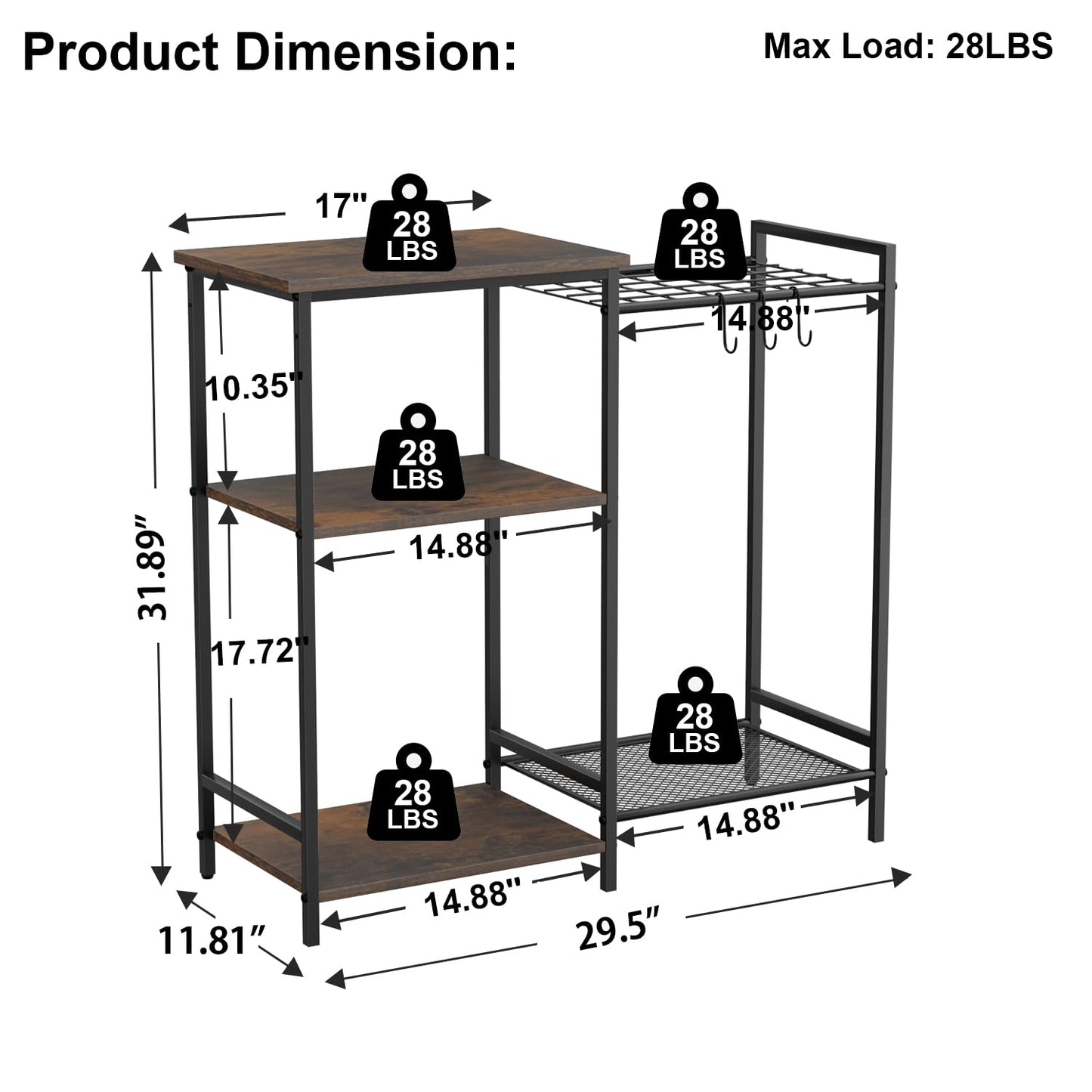 INHABIT UNION Kitchen Stand with Pots Rack Microwave Oven Stand with Storage, Small Bakers Rack Stand with 3 Hooks, Coffee Bar Table with Storage for Spices,Pots,Utensils,Pans,Foods,Rustic Brown