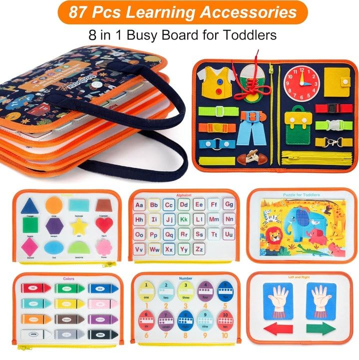 Freebear Busy Board Toddler Travel Sensory Toys for 1 2 3 4, Montessori Learning Activities Board, Educational Toys for 3 4 Year Old Boys Girls Gift, Classic