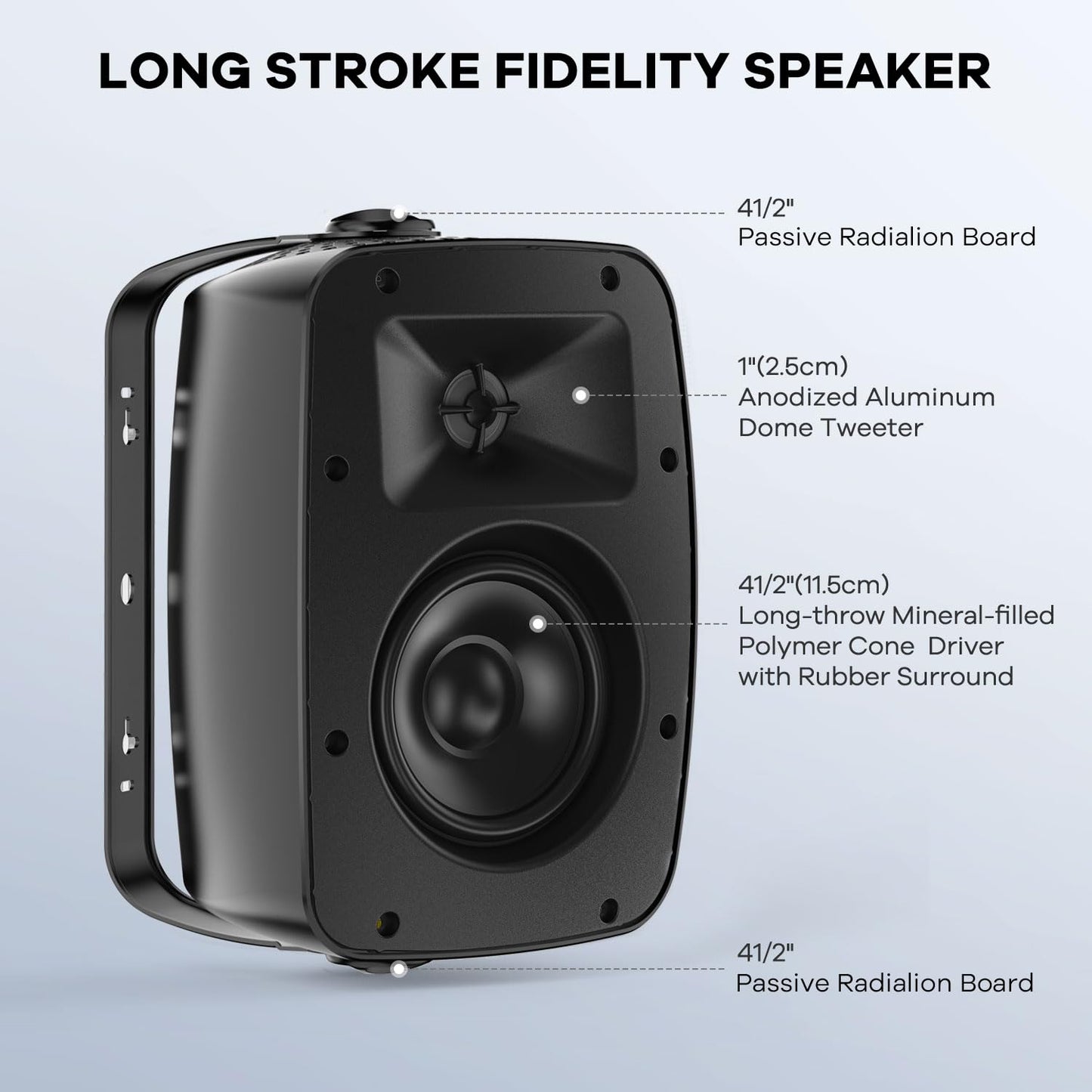Hiwill Outdoor Speaker Waterproof – 4.5" Woofer with Dual Passive Radiators, Aluminum Dome Tweeter, All-Weather Durable Mountable Speakers for Patio, Poolside, Indoor-Outdoor Flexibility(Pair, Black)