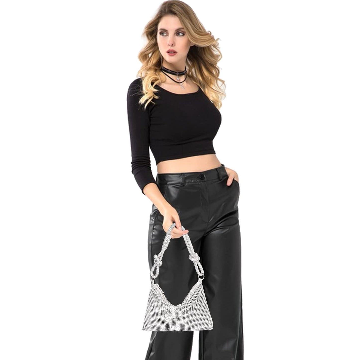 QLBO Silver Purse Rhinestone Purse Silver Clutch Sparkly Bag 10.2"×0.4"×6.69"