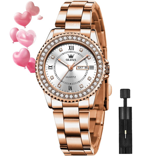 OLEVS Female Watch with Date Luxury Rose Gold Watches for Women Diamond Waterproof Lady Wrist Watch Analog Dress Stainless Steel Luminous Calendar Gift Women Watches Green Dial