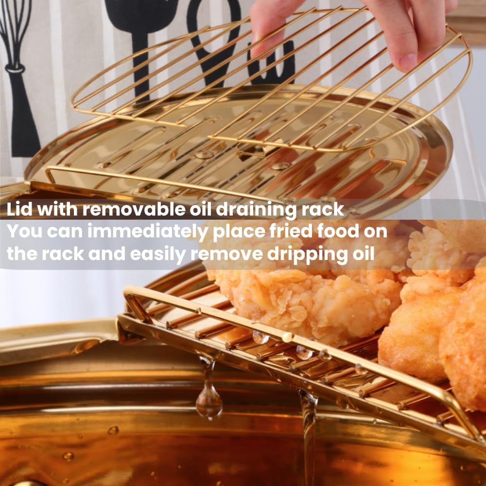 Stainless Steel Deep Fryer for Home, 115Oz Tempura Fryer Pot w/Thermometer and Oil Drip Rack Lid, Japanese Style Deep Frying Pan w/Strainer Clip, for Tempura chips, Fish, and Chicken (Rainbow Color)