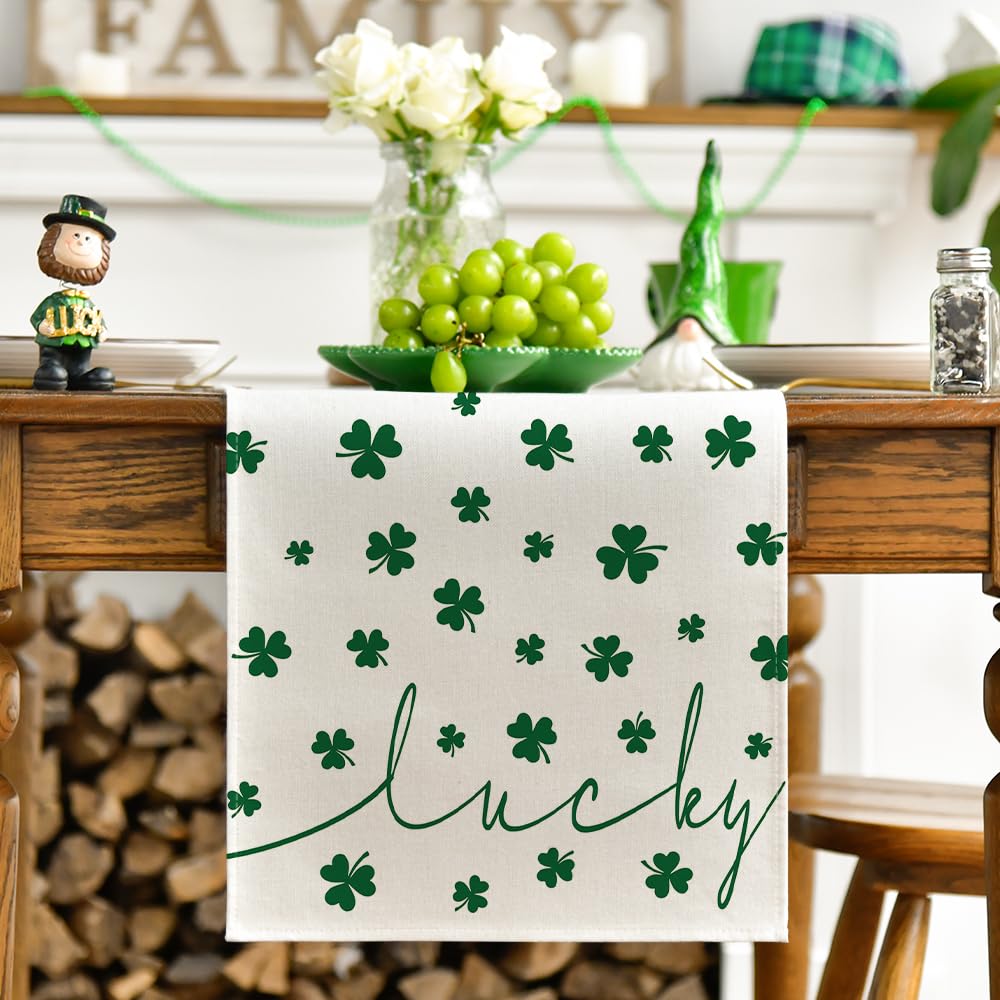 Artoid Mode Beige Lucky Shamrock St. Patrick's Day Table Runner, Seasonal Spring Holiday Kitchen Dining Table Decoration for Indoor Outdoor Home Party Decor 13 x 36 Inch