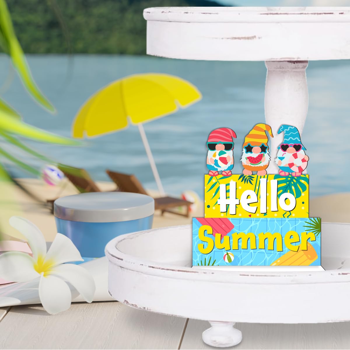 Beach House Hello Summer Decorations Table Summer Decor for Home Bathroom Office Indoor Signs Wooden Centerpieces Wooden Wood for Farmhouse Table Decor