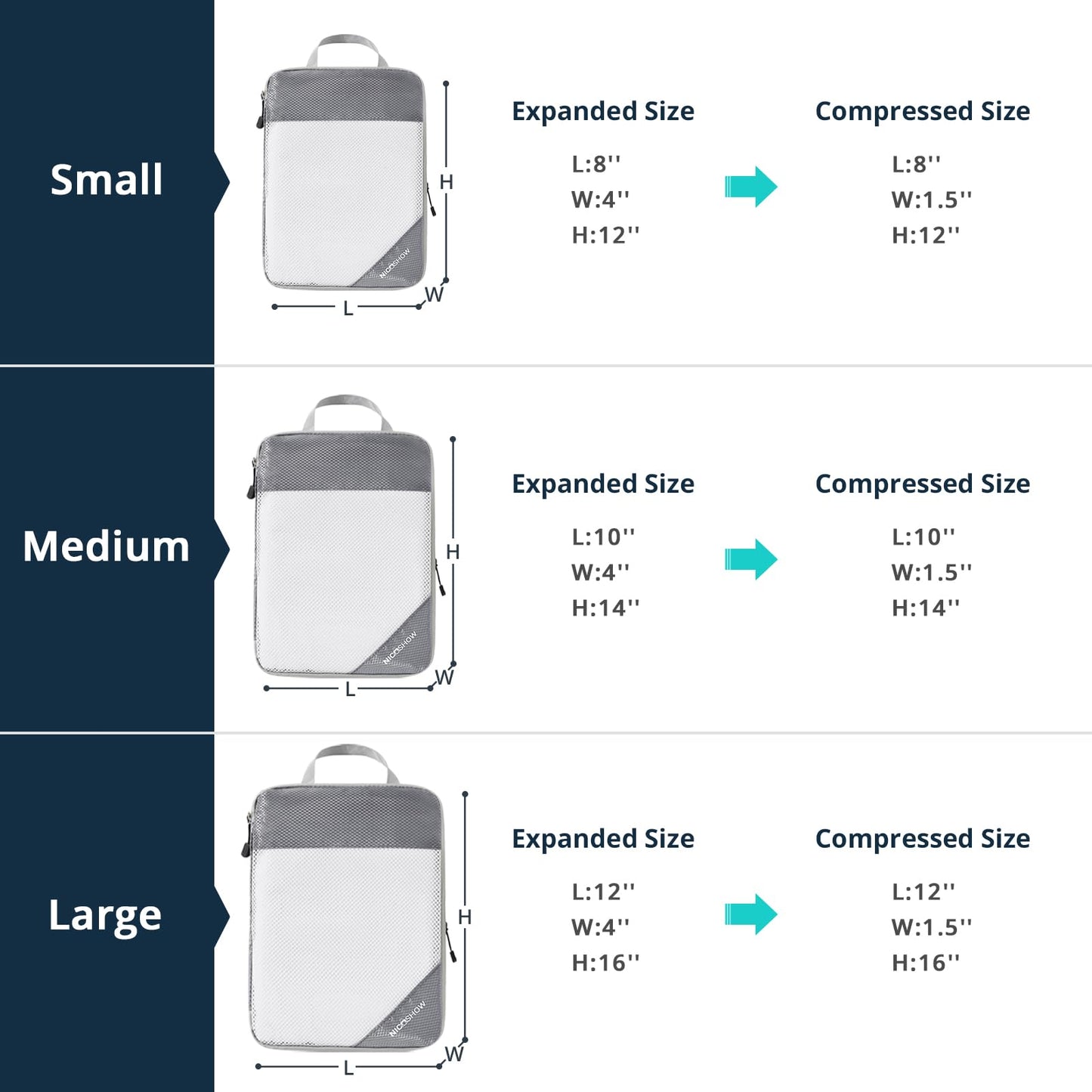 NICOSHOW 6 Set Compression Packing Cubes for Travel - Compressible, Lightweight, and Space-Saving Packing Cubes, Travel Essentials for Women, Grey