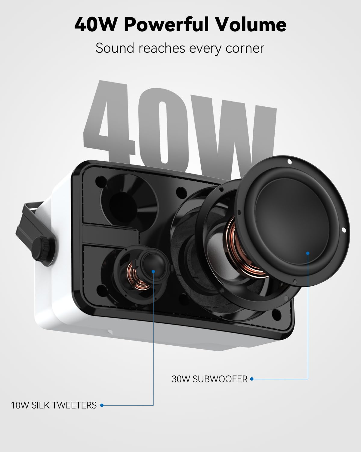 Plyee Audio 400W Outdoor Bluetooth Speakers, Wireless Sync Between Speakers, IPX5 Waterproof, Powerful Bass, Wall Mount for Patio, Porch, Gazebo, Garage, 2-Pack, White(MZ-621)