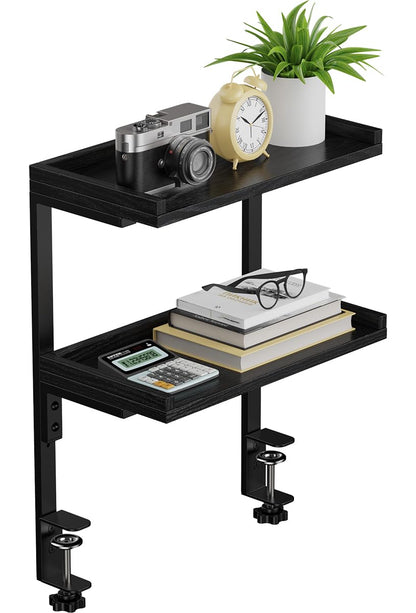 Clamp On Desk Shelf 2-Tier, Wood Shelving Unit for Office Desk/Gaming Accessories, Tabletop Book Storage Rack, Shelf for Top of Desk, Brown