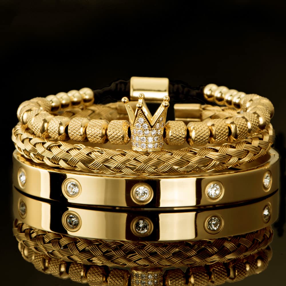 WFYOU 3PCS Stainless Steel Imperial Crown Bracelets for Men Gold Roman Numeral Bangle Bracelet Adjustable Cuff Bracelet Mens Luxury Jewelry Gifts (01:Gold-Cubic Zirconia)