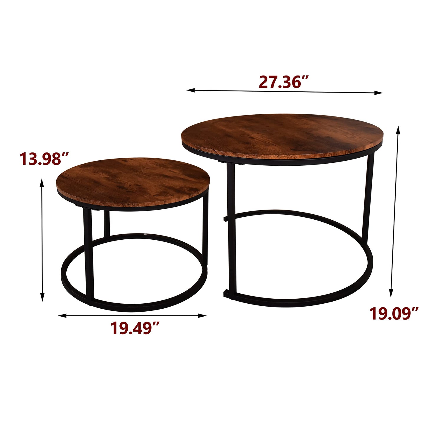 HOMERECOMMEND Round Coffee Table Set of 2 Modern Nesting Side End Table for Living Room,Round Wooden Coffee Table with Solid Powder-Coated Metal Frame, Rustic Brown/Black
