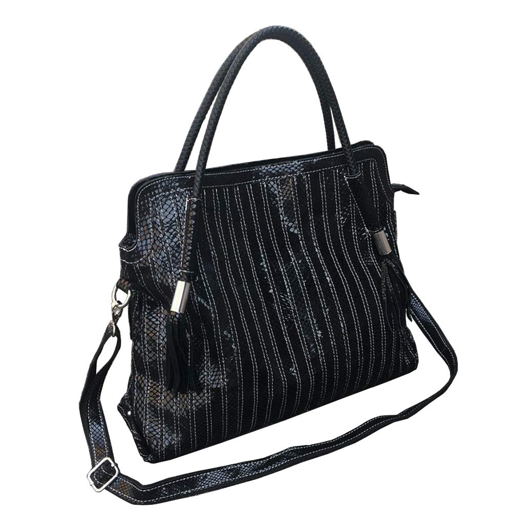 Women’s Multicolor Boston Bag Genuine Leather Colorful Large Tote Handbag Purse (Black-Middle size)