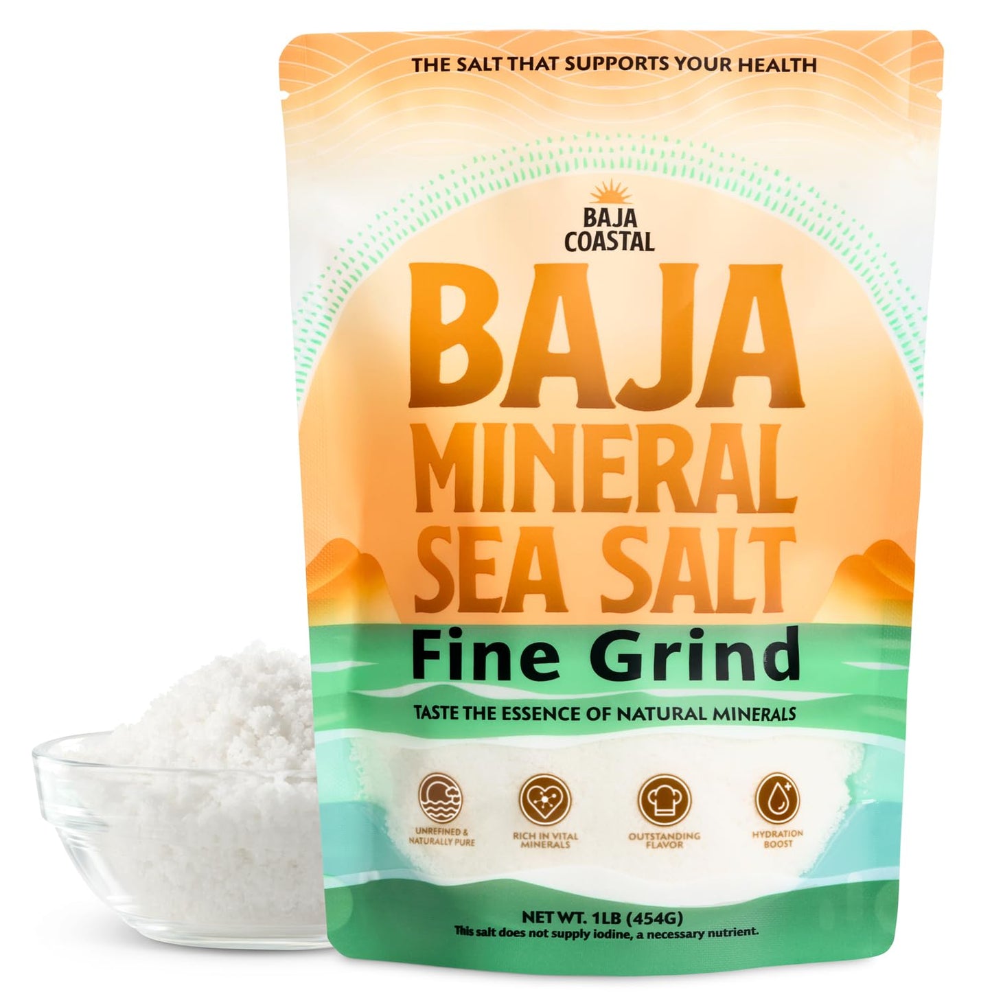 Baja Coastal - Baja Mineral Sea Salt, Fine Grind, 1lb - 16oz. 100% Organic & Unrefined, Rich in Essential Minerals, Low Sodium Salt, Perfect for Cooking, Plating, Hydration, and Grinding, Hand Harvested Crystals from the Sea of Cortez