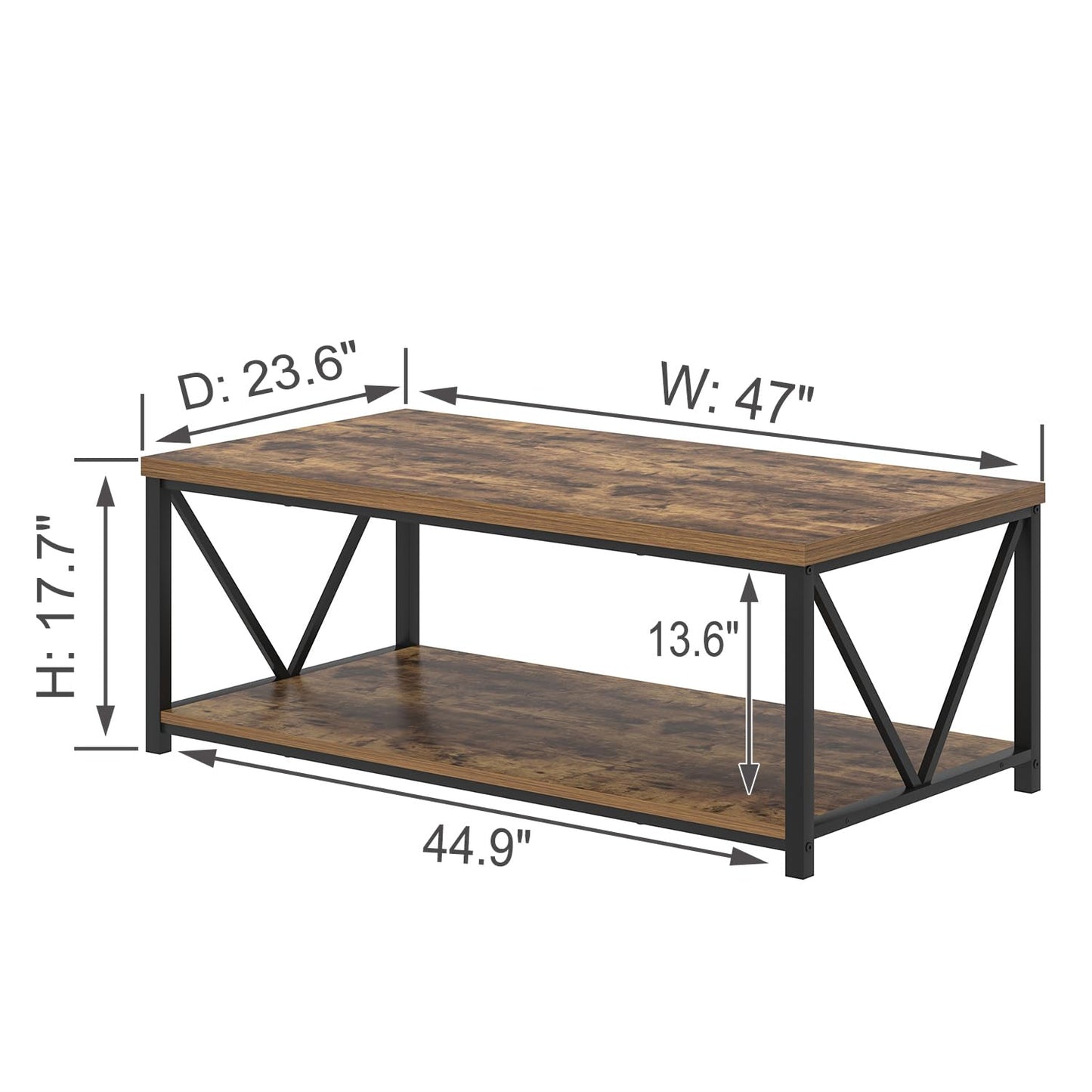 EXCEFUR Modern Coffee Table, Rustic Wood and Metal Living Room Table with Storage Shelf, Industrial Rectangle Center Table, 47 Inch Brown