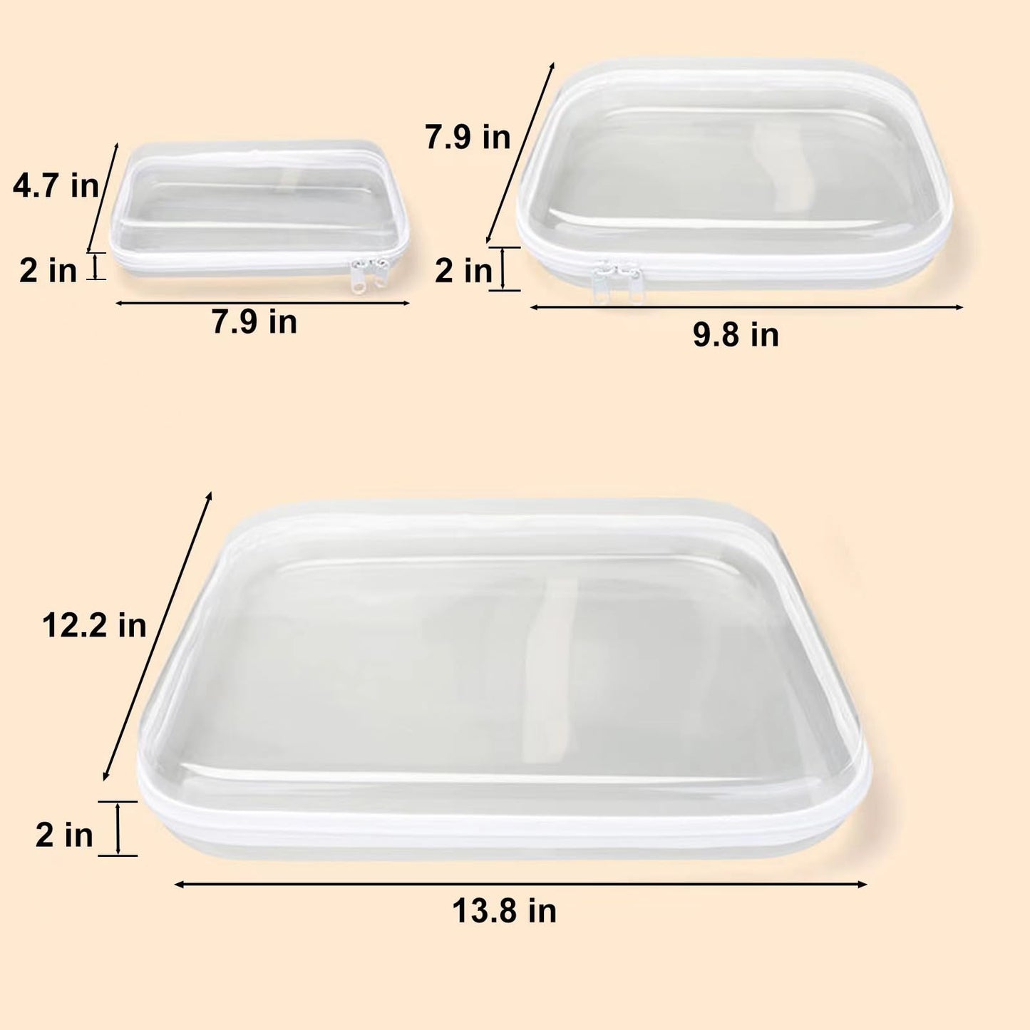 Calantre 3PCS Clear Hard Shell Zipper Cases, Portable Clear Organizer Pouches for Home Storage, Double Zippered Plastic Travel Case, Cosmetic Bag for Make Up Tools, Toiletries, Toy Storage(White)