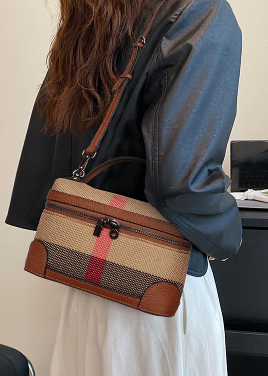 Rejolly Crossbody Bag for Women Pouch Top-Handle Leather Bag Designer Shoulder Handbag Quiet Luxury Trendy Purse (Stripe Canvas Brown)