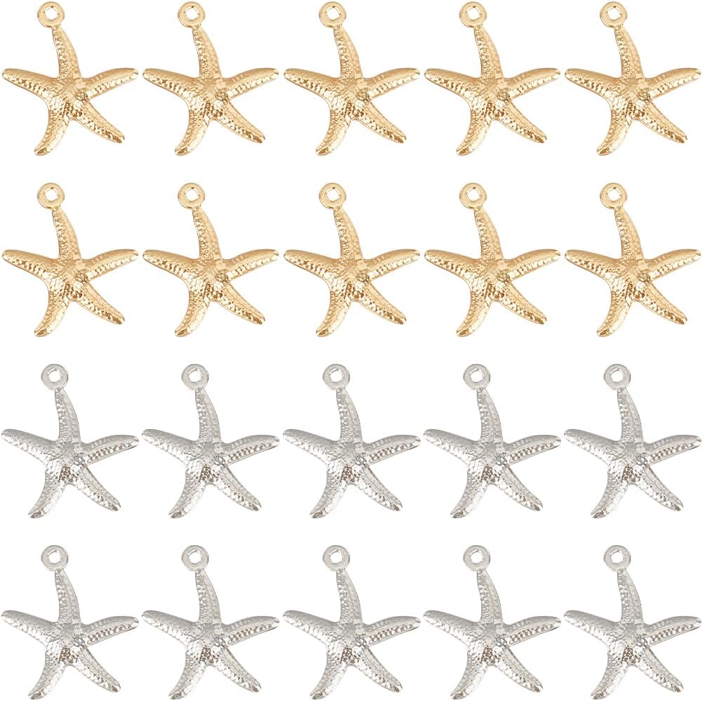 SUNNYCLUE 1 Box 100Pcs Starfish Charms Ocean Pendants Bulk Stainless Steel Silver Real 24K Gold Plated Starfish Charms for Jewelry Making Supplies DIY Crafting Necklace Bracelet Earring