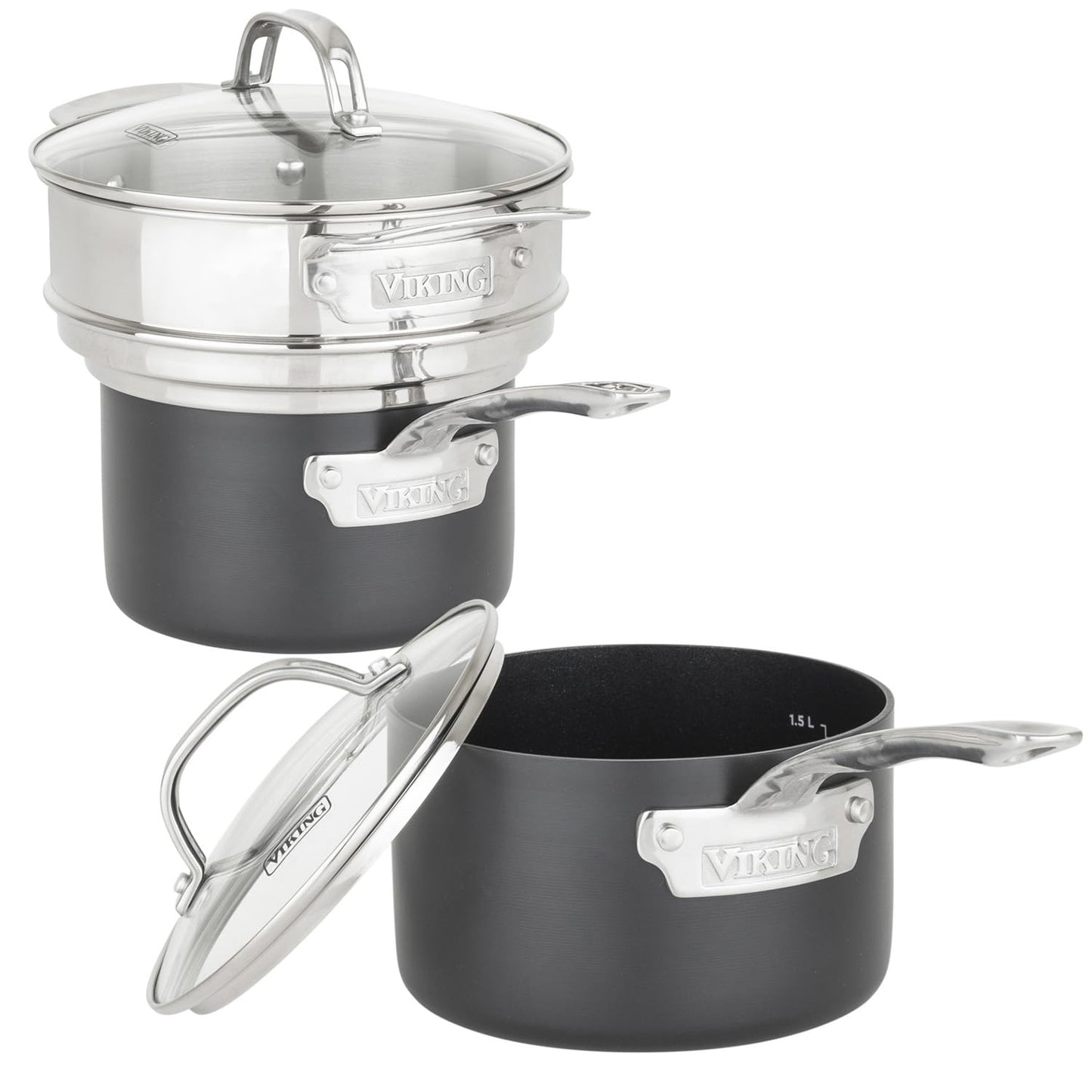 Viking Pots and Pans Set Non Stick, 12 Piece Hard Anodized Kitchen Cookware with Glass Lids, Black