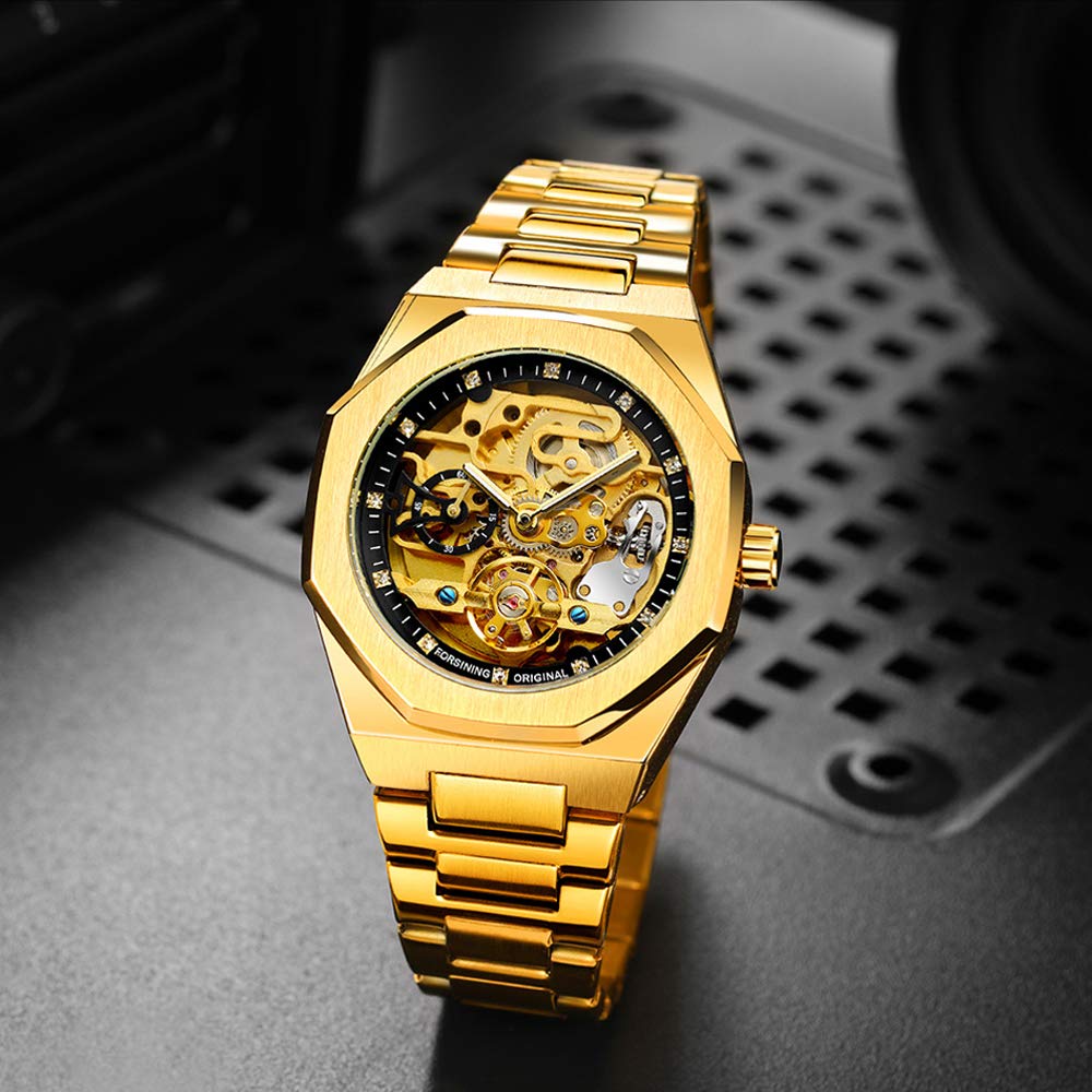 Tiong Cool Tourbillon Automatic Mechanical Watch Men Gold Luxury 2 Dial Watch Metal Stainless Steel Watchband Christmas Gift