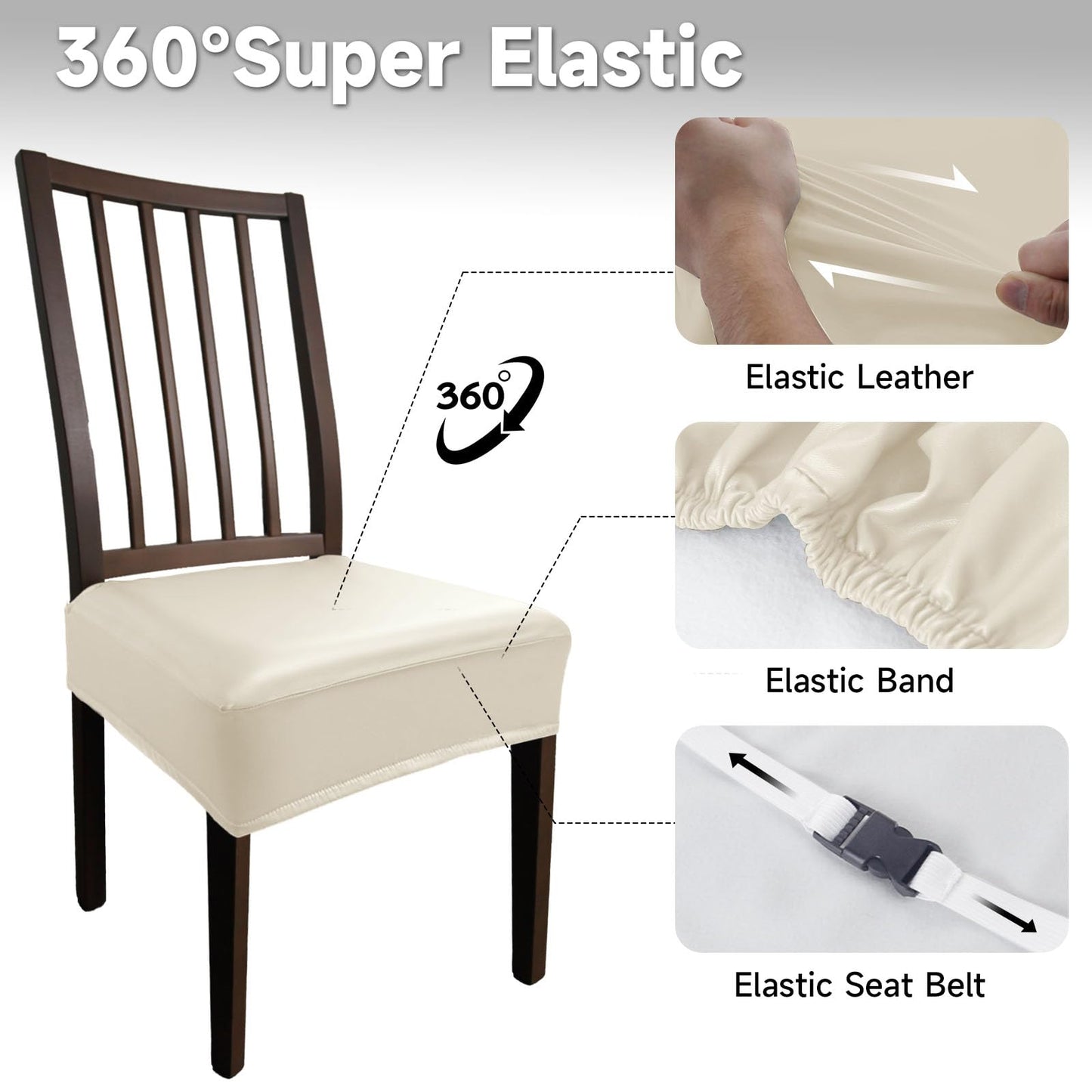 Lufyzora Leather Seat Covers Dining Chairs Waterproof Kitchen Chair Seat Covers Set of 2, Wipeable 4-Sided Super Elastic PU Chair Covers Dining Chairs for Dining Room and Dust Resistant(Cream, 2PCS)