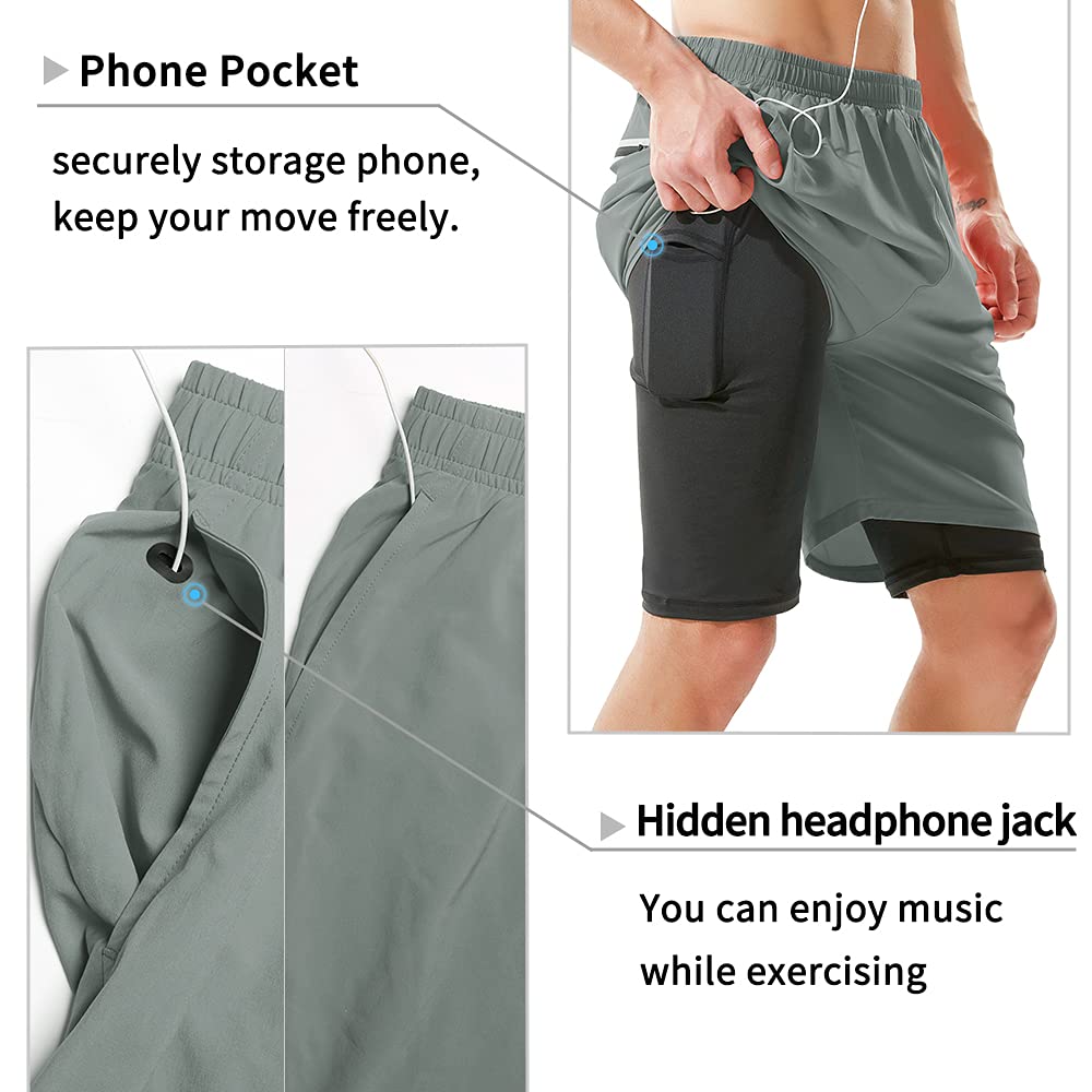 TENJOY Men's 2 in 1 Running Shorts 7" Quick Dry Gym Athletic Workout Shorts for Men with Phone Pockets Arona Blue