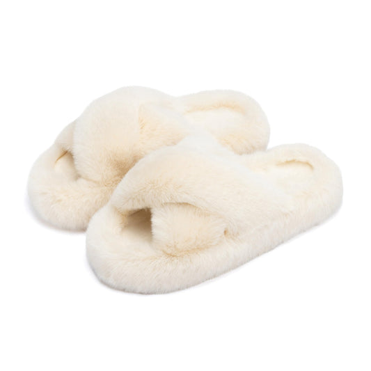 Chantomoo Women's Cross Slippers Memory Foam Faux Fur Lined Slide Shoes Beige Size 7-8