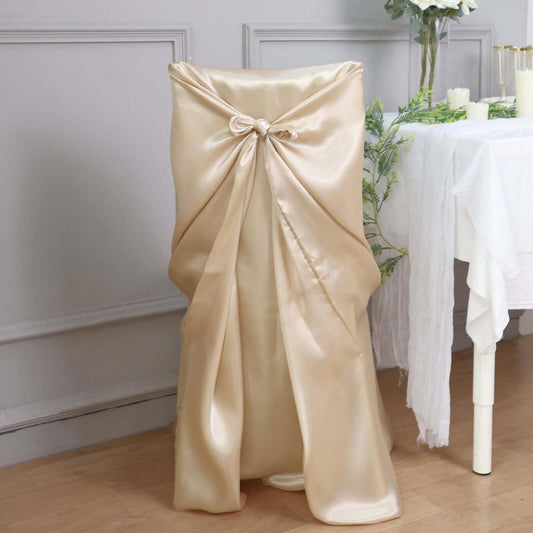 Efavormart Beige Chair Covers for Party 1 PCS Satin Self Tie Universal Banquet Wedding Folding Chair Cover for Dining Chairs Washable Slipcovers for Outdoors Events