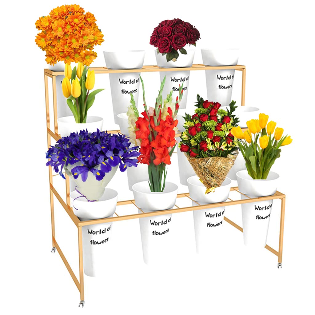 FKKPRVAX Flower Display Stand with 12pcs Bucket,Heavy Duty Plant Stand with Wheels,33in Tall Flower Cart 3 Tier Flower Shelf for Florist Garden Patio (Gold+White Pot)