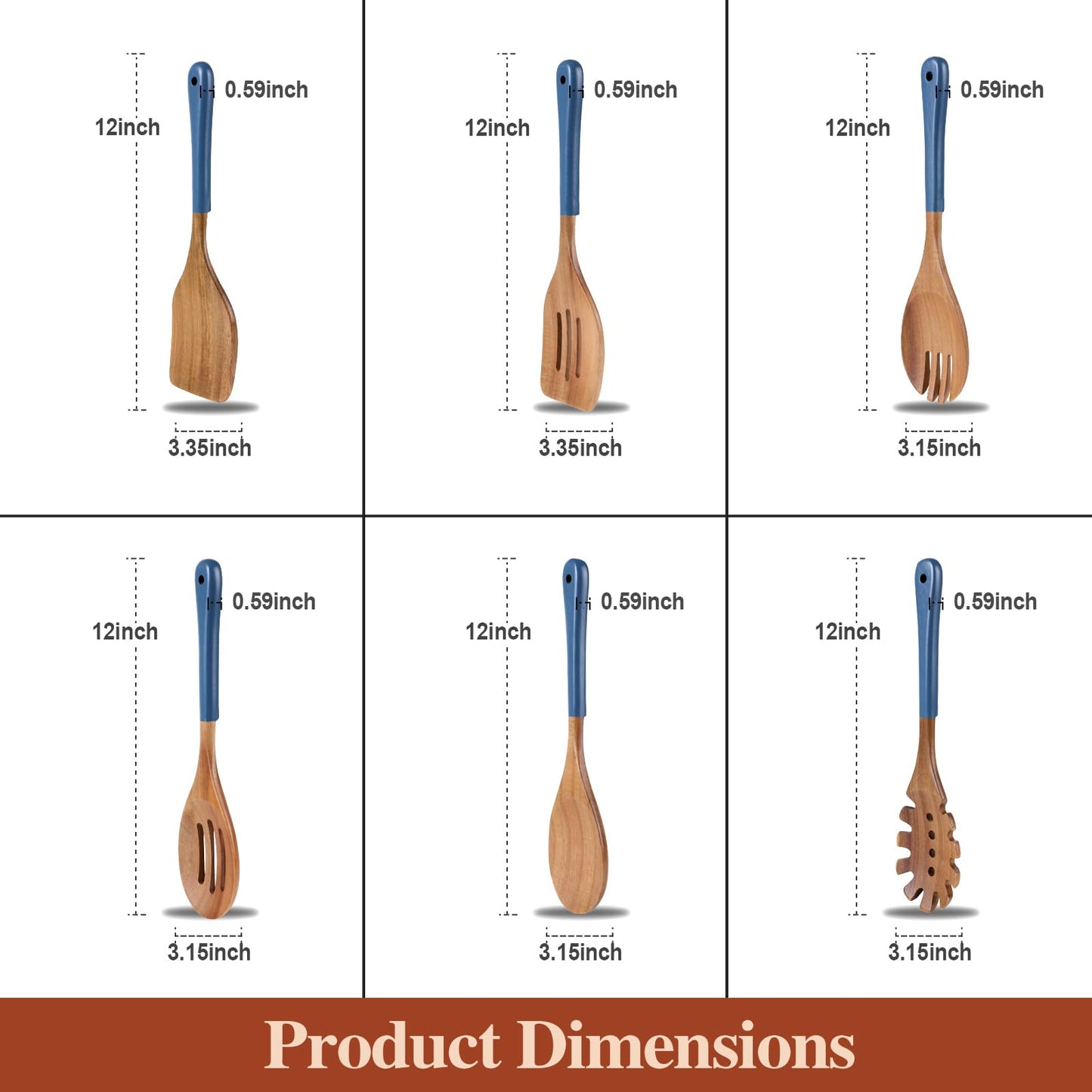 ROSOS Wooden Spoons For Cooking, 6 PCS Natural Acacia Wooden Cooking Utensils, Non-Stick Wood Kitchen Utensil Set for Kitchen Essentials, Smooth Grip Wood Cooking Spoons with Hanging Hole, Blue