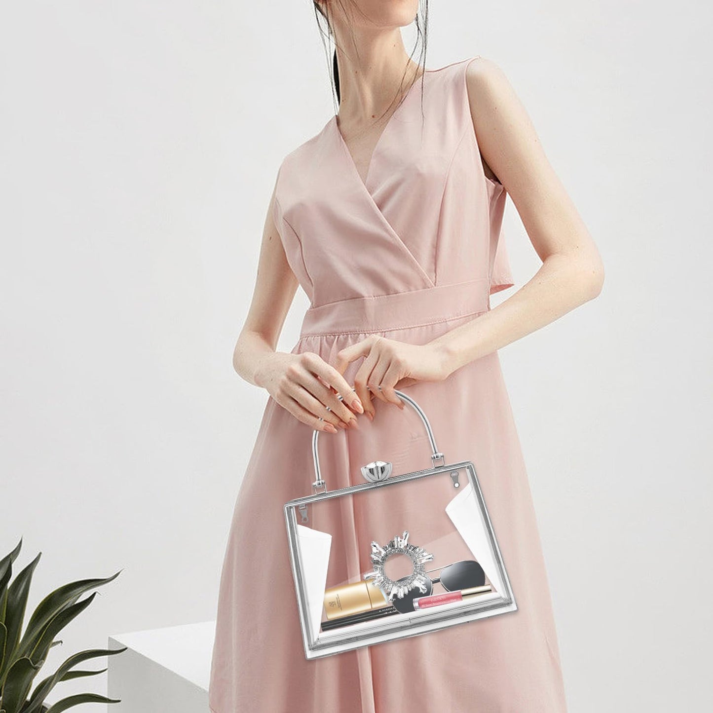 Rkrouco Women's Clear Purse Acrylic Clear Clutch Bag, Shoulder Handbag With Removable Chain-Silver