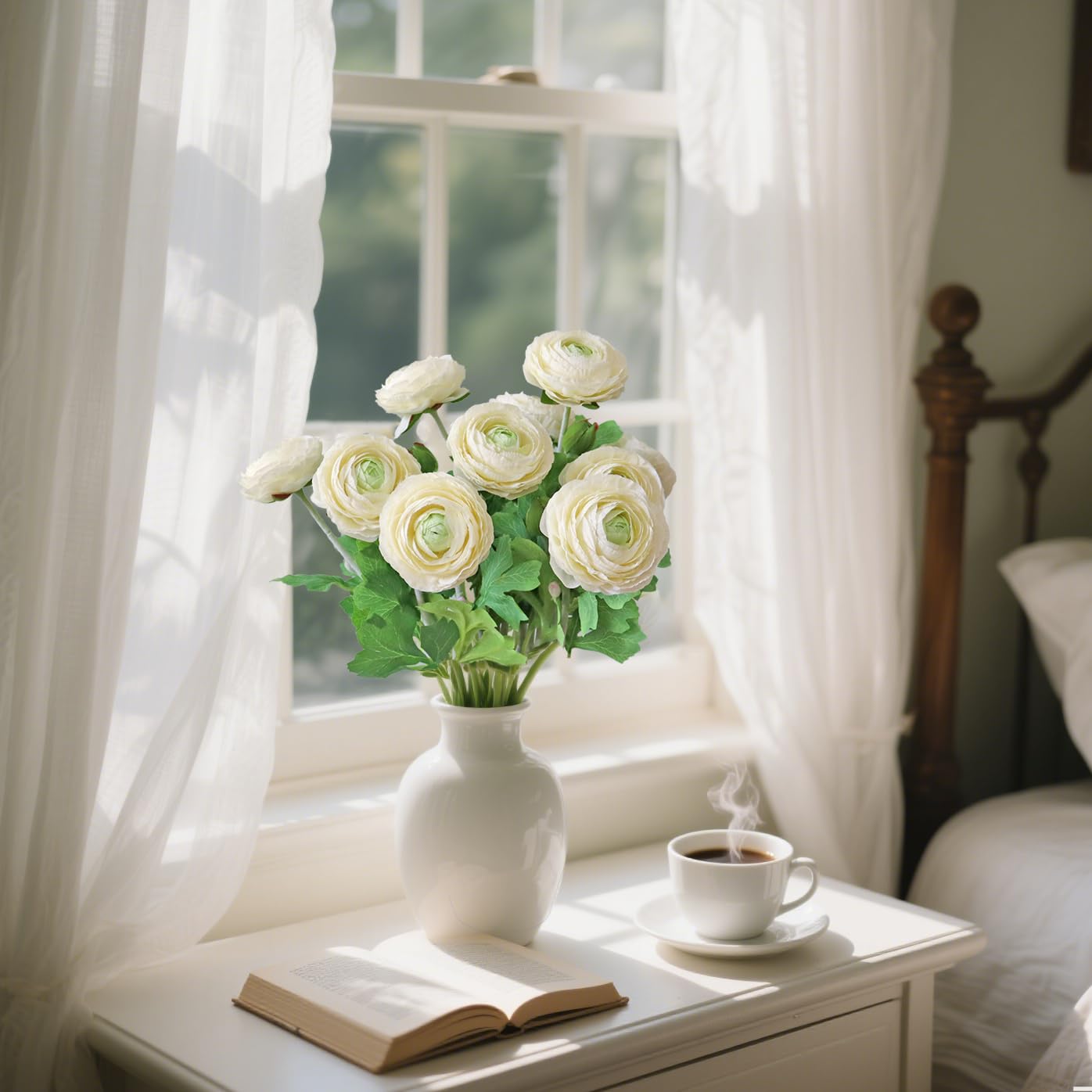 NMAIYA Ranunculus Artificial Flowers 6Pcs White Faux Flowers Silk Ranunculus with Stems Realistic Indoor Flowers for Home Table Decor Wildflowers Floral Arrangement(20In,Cream White)