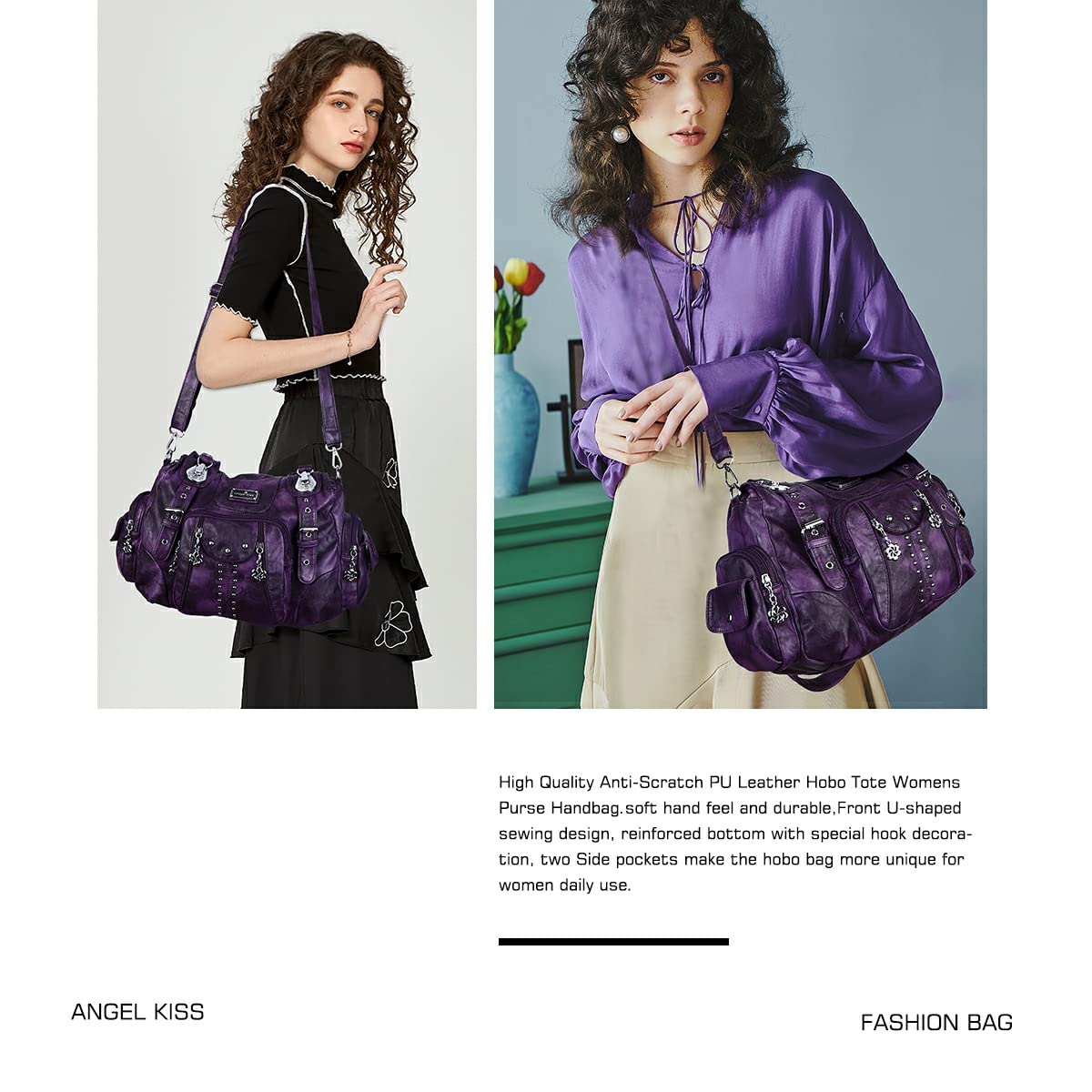 Angel Kiss Women's Soft PU Leather Large Hobo Handbag for Ladies Purse, Purple