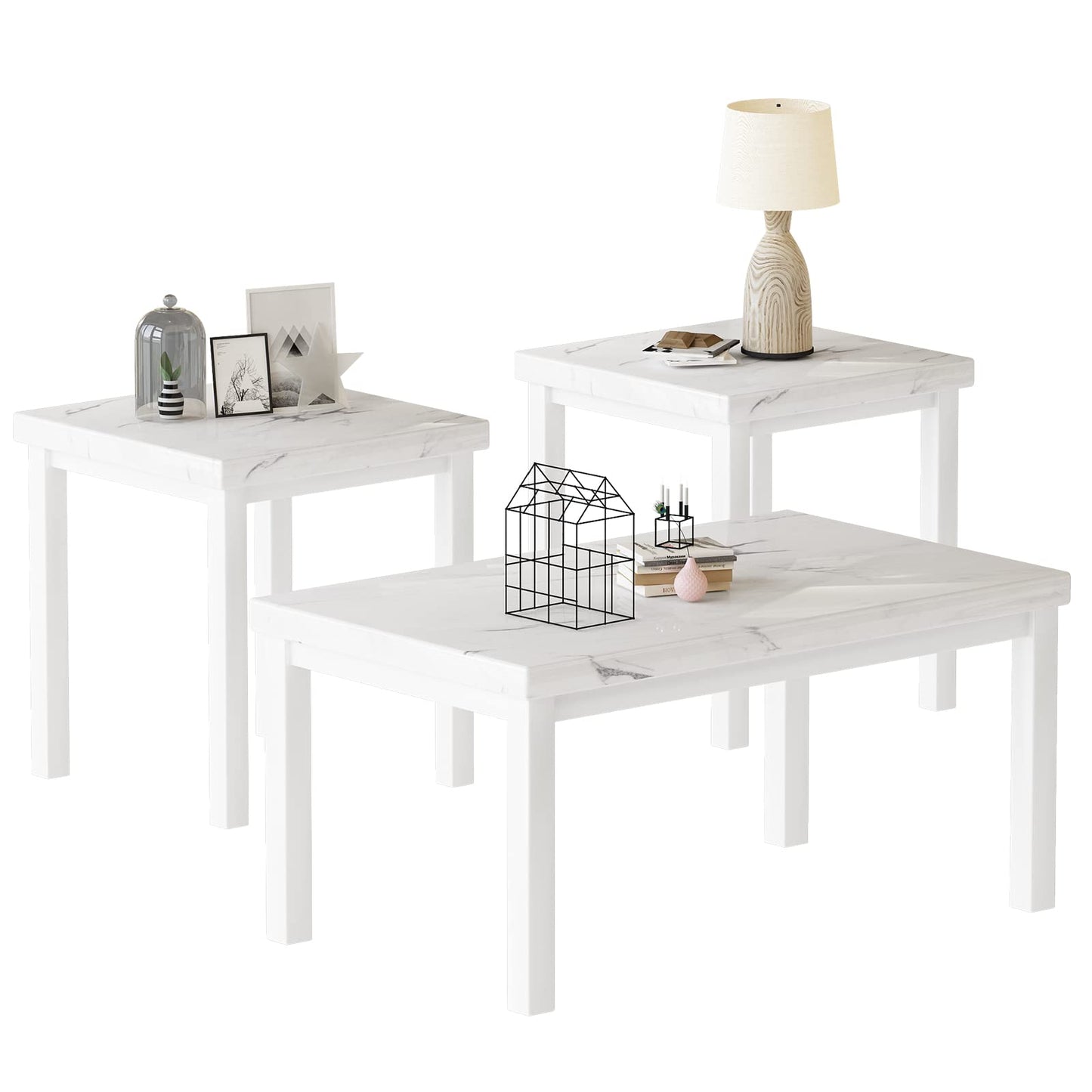 Recaceik Coffee Table Set of 3, Modern Living Room Table Set, Faux Marble Coffee Table and End Table Sets, Simple & Stylish Center Tables for Living Room Home Office Apartment Furniture