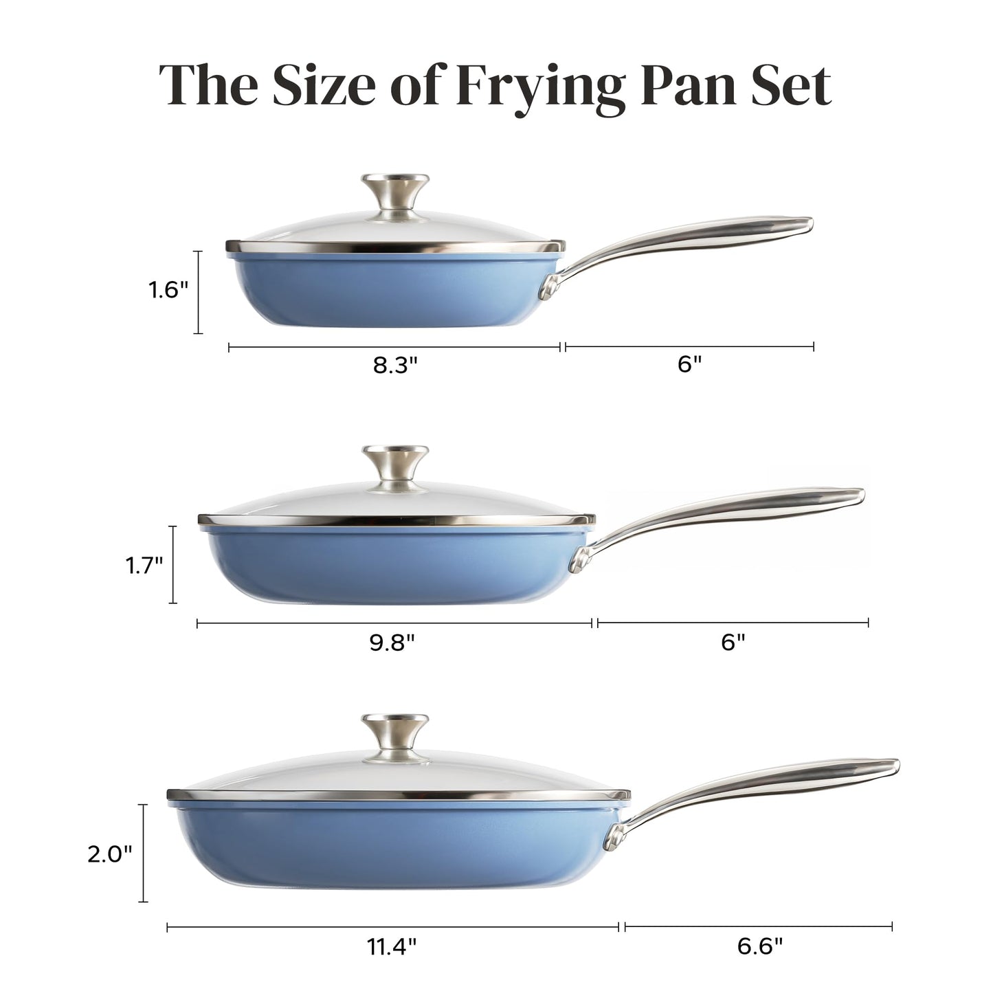 Redchef Nonstick Cookware Sets, Ceramic Frying Pan Set with Tempered Glass Lids, Non Stick Cooking Set, Dishwasher & Oven Safe, Induction Safe, Compatible with All Cooktops, Blue (8", 9.5", 11")