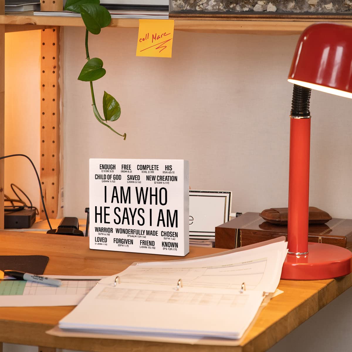 Christian Desk Wooden Box Sign Decor, I Am Who He Says I am, Home Office Religious Motivational Decor Scripture Bible Verse Desk Decoration Inspirational Christian Baptism Gifts for Women Men