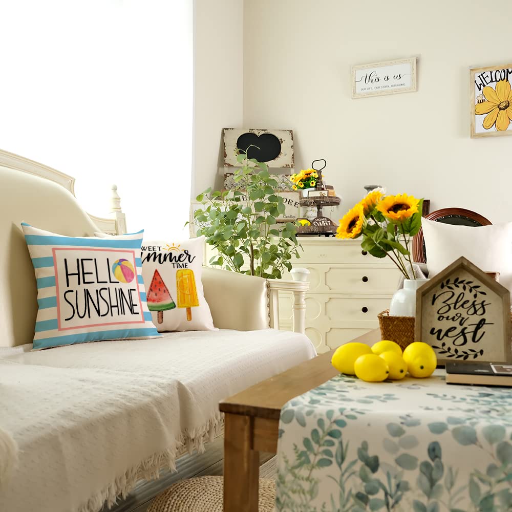 GEEORY Summer Pillow Covers 18x18 Inch Set of 4 Gnomes Popsicle Ice Cream Hello Sweet Summer Vibes Pillows Decorative Throw Pillows Summer Decorations Farmhouse Decor Cushion Case for Sofa Couch