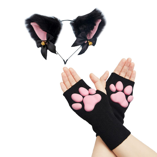Cute Cat Paw Mittens Gloves, Kawaii Cat Cosplay Kawaii Soft 3D Toes Beans Fingerless Cat Claw Paws Pad Sleeve