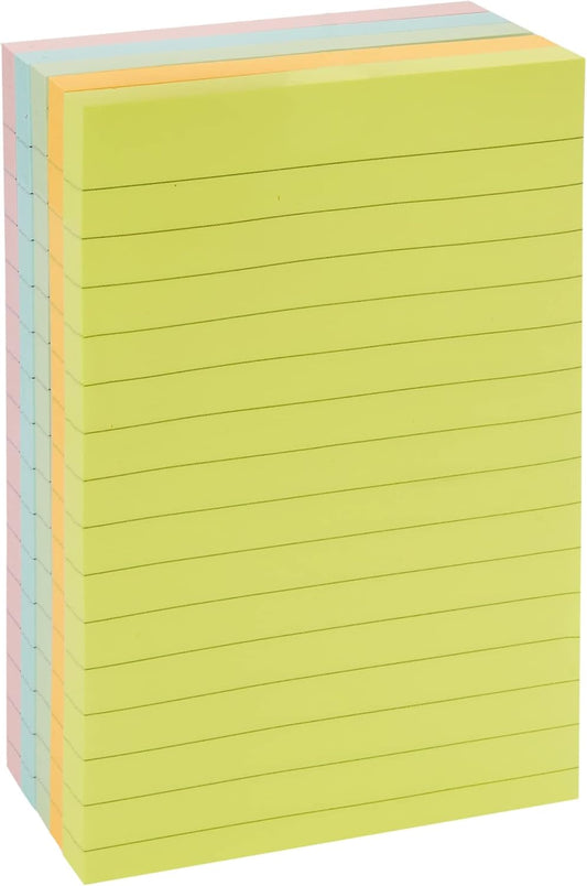 Amazon Basics Sticky Note Pads for Home and School Organization, Lined, Rectangular, 4x6, Assorted Colors, Pack of 5