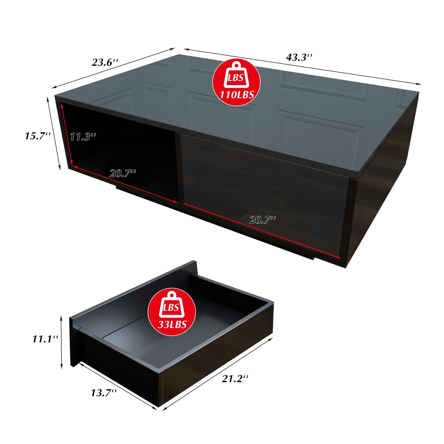 COSVALVE 43.3IN LED Black Coffee Tables for Living Room with 16 Colors LED Lights Modern Coffee Table with Storage Drawer Rectangle Center Table for Home Furniture