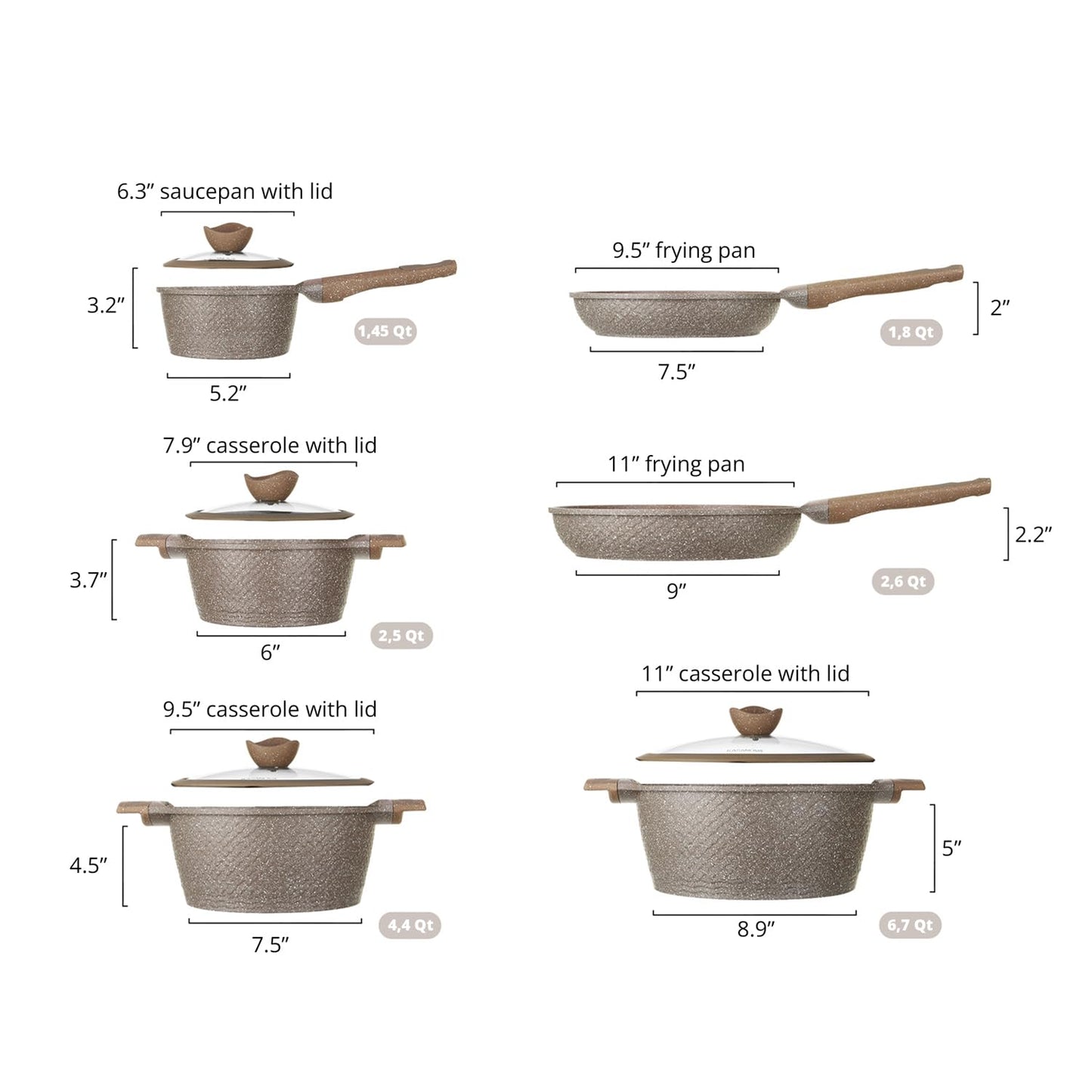 KASANOVA Pots and Pans set for cooking nonstick, 10Pcs, Durable Aluminum cookware set, PFOA-free, Kitchen pans set with glass lid, Induction safe, Taupe (10)