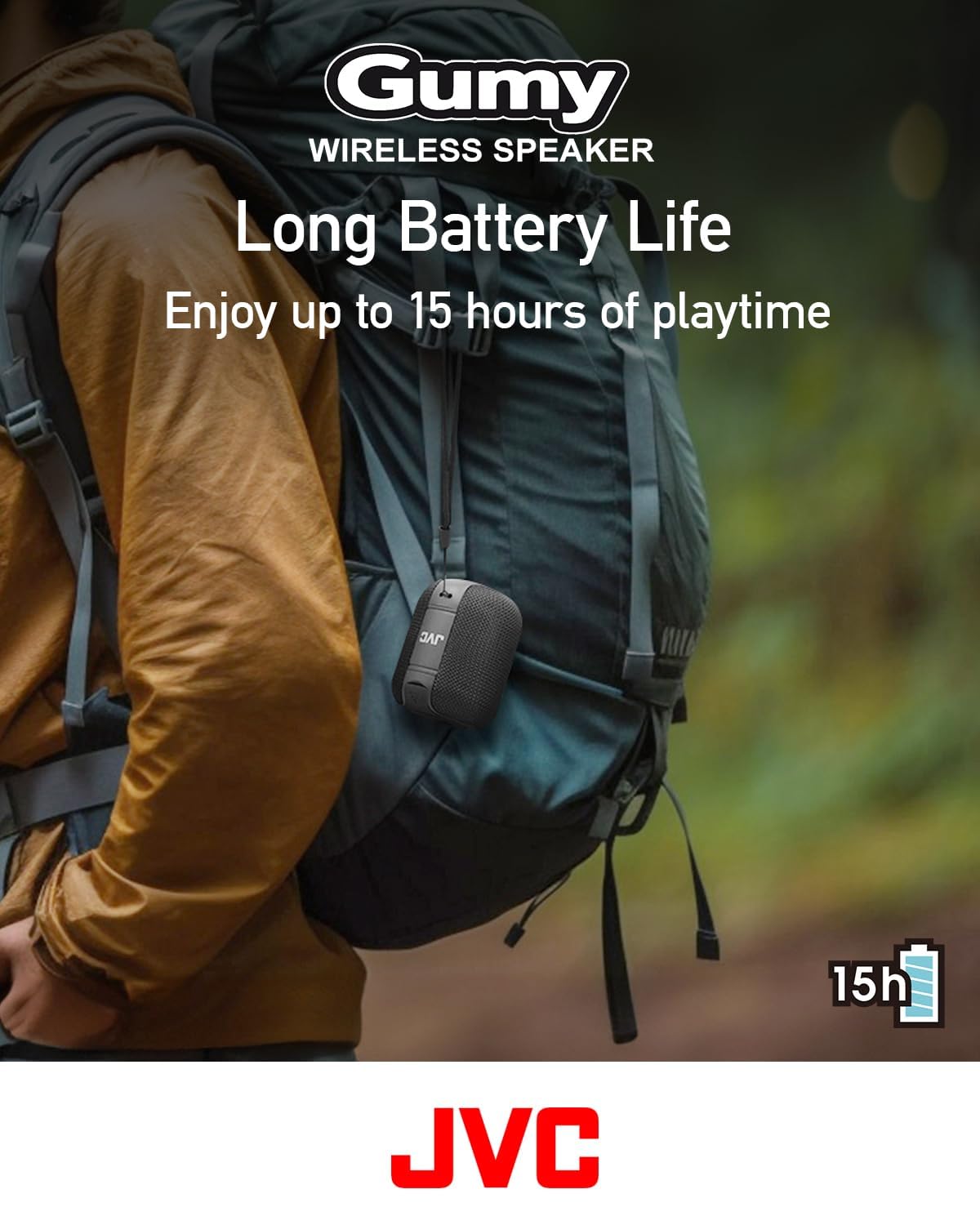 JVC Portable Gumy Wireless Speaker with Surround Sound, Bluetooth 5.3, Lightweight, TWS Capability, USB-C, up to 15-Hour Battery Life - SPSG1BTB (Black)