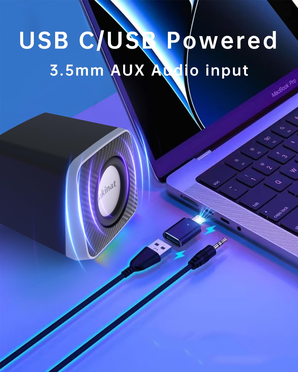 Uakinat PC Speakers 2"–3W Carbon Fiber Computer Speaker for Desktop or Laptop PC,USB C/USB-Powered,Crystal Clear Sound,Rich Bass,Loud Volume,Direct Control,Plug-N-Play,Black-Silver