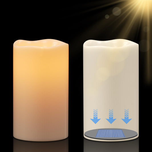 DRomance Solar Flameless Pillar Candles Outdoor Waterproof Dusk to Dawn Solar Rechargeable Battery LED Flickering Fake Candles White Plastic Patio Porch Garden Lantern Decor(2 Pack, 3" D x 5" H)
