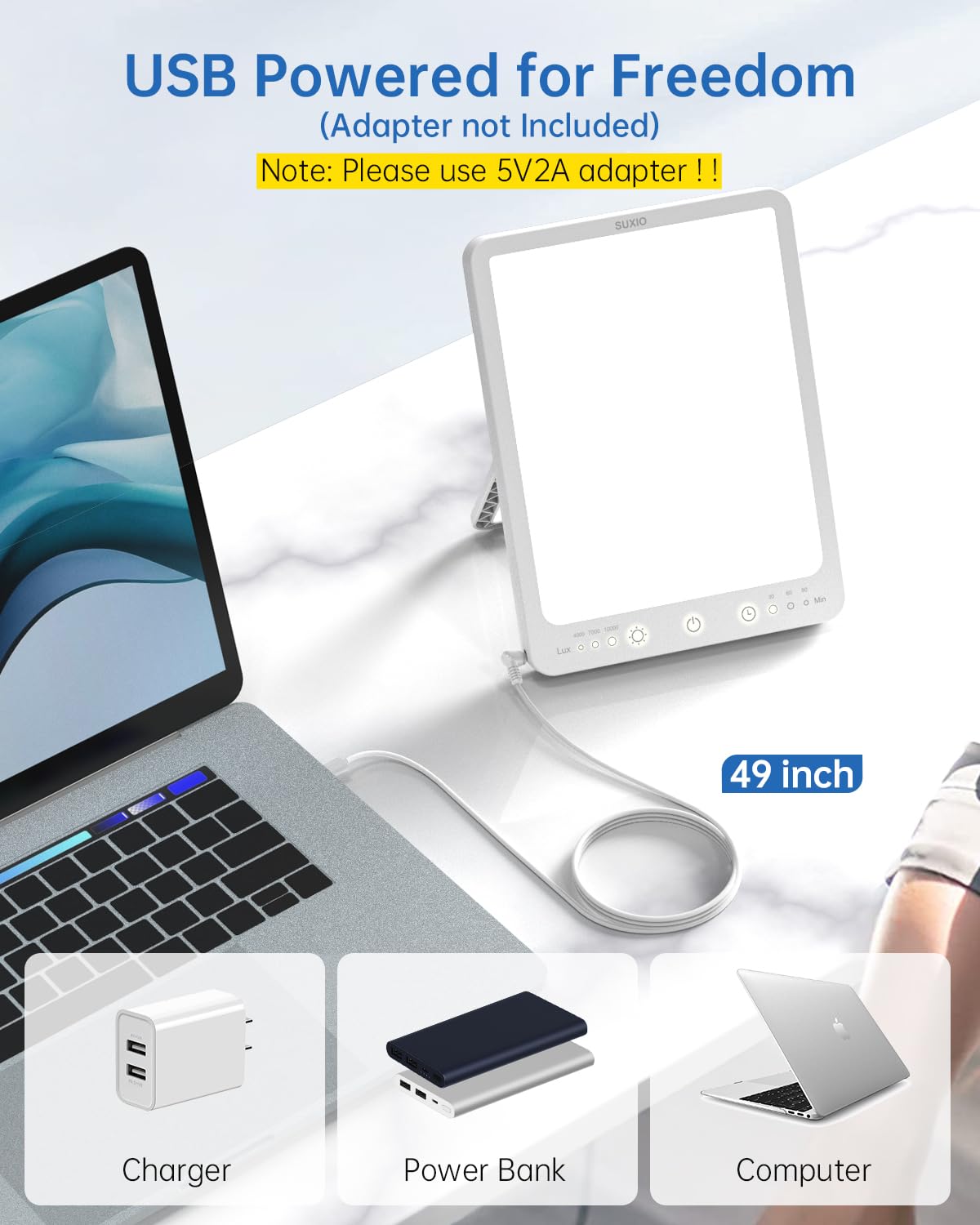 SUXIO Light Therapy Lamp - 10000 Lux Therapy Light, 3 Timing & Mode Happy Lamp, Touch Control Daylight Lamps with Memory Function, Portable Light Therapy Box for Home/Office Use As Lift Mood