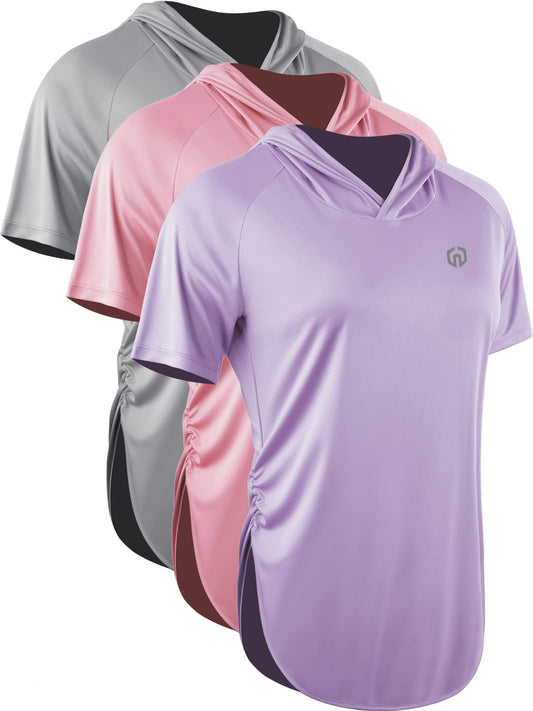 NELEUS Women's 3 Pack Running Shirt Sun Protection Workout Athletic Shirt with Hoods,8104,Pink/Grey/Purple,XL
