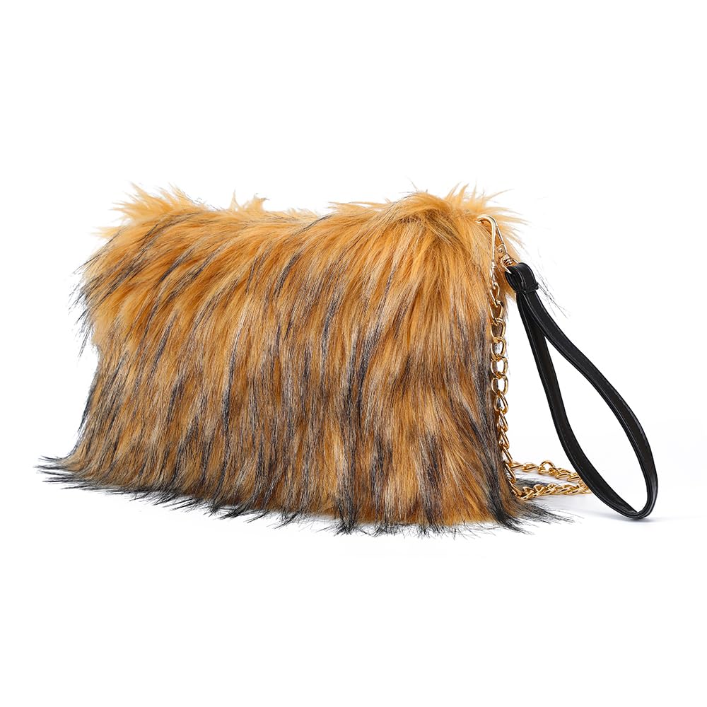 ZOSCGJMY Evening Faux Fur Handbags for Women Furry Fluffy Fuzzy Bags Purse Crossbody Shoulder Strap (Brown)