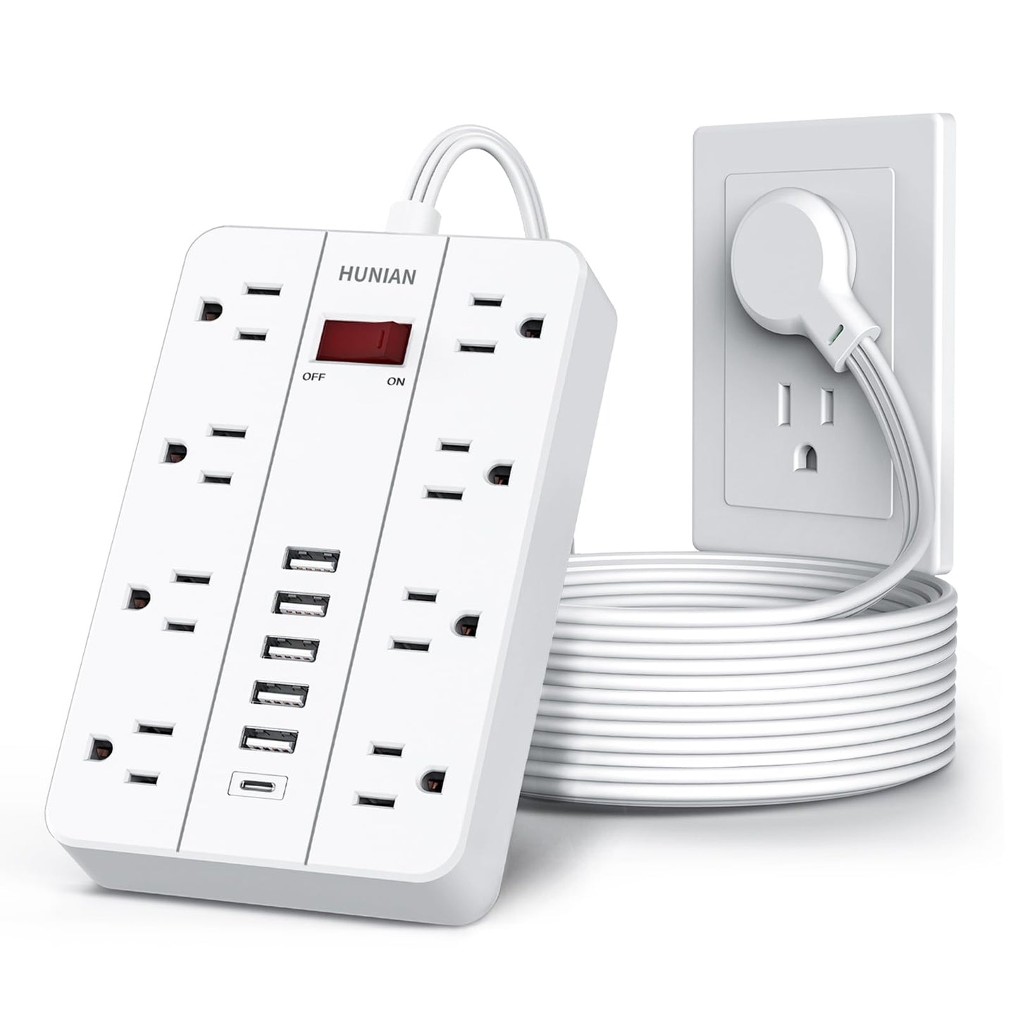 Power Strip with USB, Flat Plug Extension Cord Surge Protector 5 Ft, HUNIAN Power Strip with 8 Widely Spaced Outlets 6 USB Charger (1 USB C Port), Desk Charging Station for Home Office, White